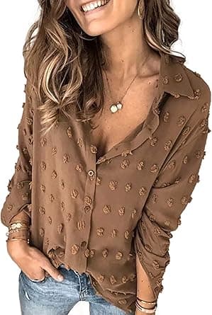Astylish Womens V Neck Roll up Sleeve Button Down Blouses Tops on Amazon.ae - Price Tracker
