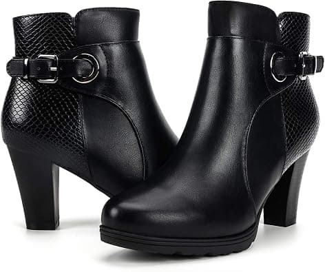 mysoft Women's Zipper Bootie Chunky Stacked Heel Ankle Boots Buckle Strap Ankle - Best Deal Finder