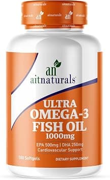 Aitnaturals Ultra Omega 3 Fish Oil (1000mg)- 180 Softgels | Double Strength EPA(500mg)+ DHA(250mg) Formula for Cardiovascular Support, Healthy Eyes, Hair, & Skin, Improve Cognitive & Brain Function on Amazon.ae - Price Tracker
