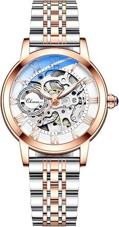 MASTOP Famale Sapphire Watch for Women Automatic Steampunk Automatic Self-Winding Gold Strap Skeleton Leather Strap for Women on Amazon.ae - Price Tracker