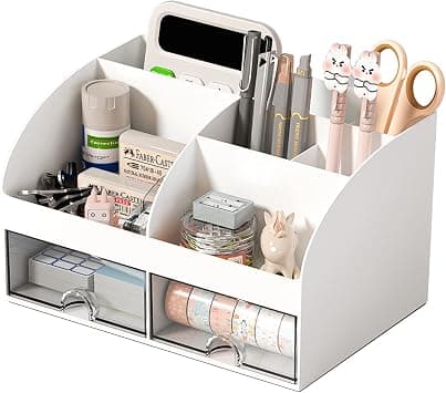 COMFYROOM Desk Organizer and Accessories with 6 Compartments and 2 Drawers, Plastic Makeup Organizer, Pen Holder for Desktop Storage, Desk Organization for School, Home, Office Supplies (White) - Best Deal Finder