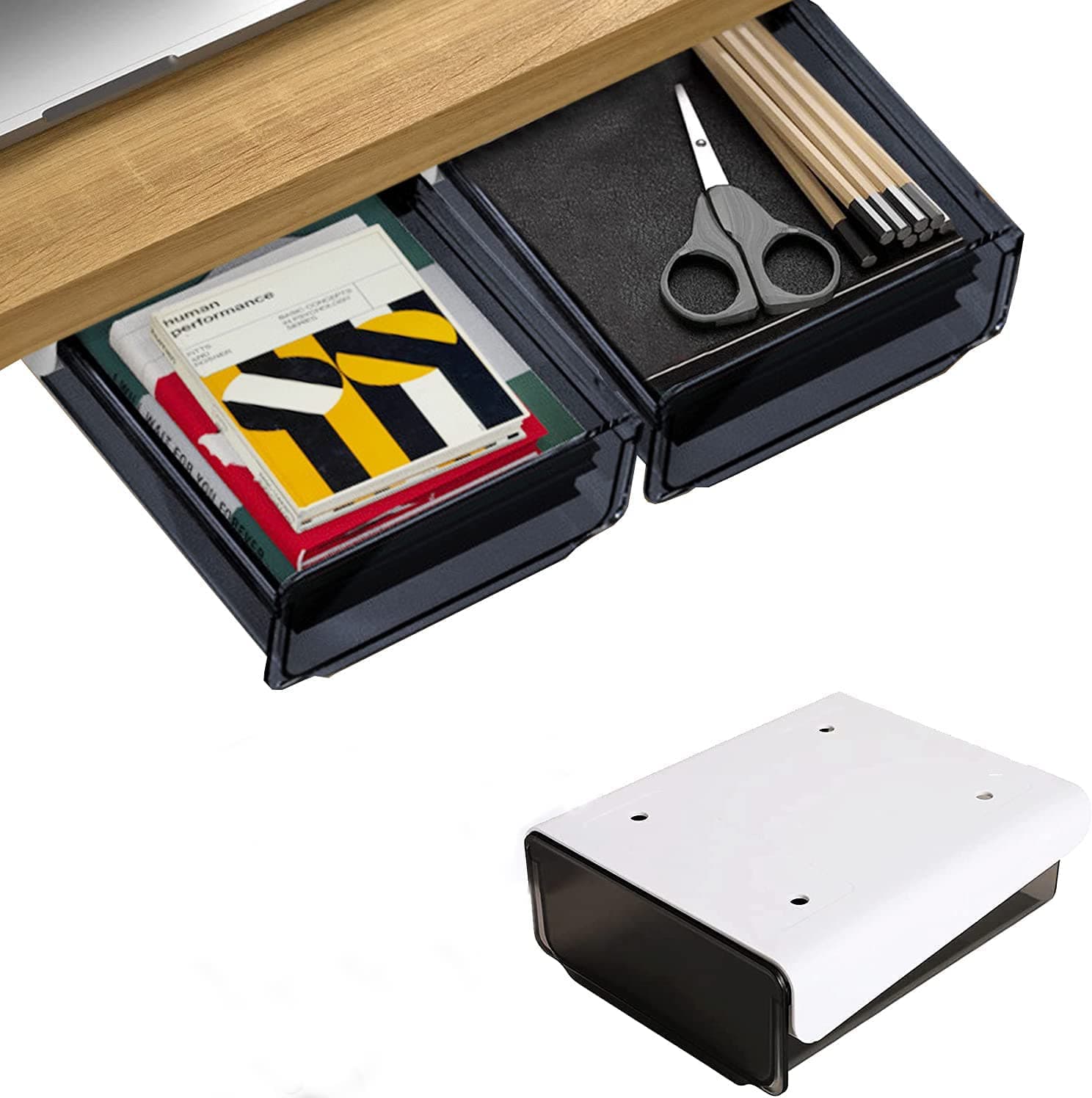 MOUNAY Self-adhesive Under Desk Drawer Organizer, Table Hidden Slide Out Large Storage Mounted Desktop, Pencil Holder Tray Drawers for Office Home School Stationery Kitchen (Small, Single Black) on Amazon.ae - Price Tracker