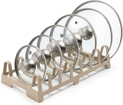 DIVCHI Pot Lid Holder Kitchen Organiser – 7 Slot Pan Lid Rack for Saucepan Lids, Plates & Chopping Boards, Compact Cupboard Storage Organiser (Beige) on Amazon.ae - Price Tracker