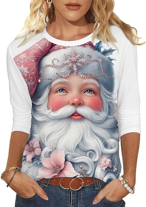 Christmas Jumper Women UK Funny Christmas Tee Shirts Ladies Round Neck 3/4 Sleeve T Shirt Xmas Tree Santa Cruz Print Blouse Pullover Novelty Xmas Tops Dressy Shirts Holiday Blouse on Amazon.ae - Price Tracker