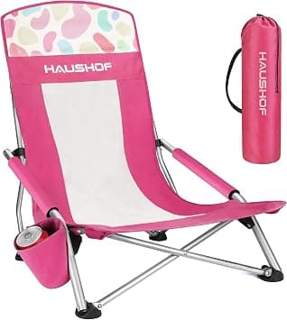 HAUSHOF High Back Beach Chair, Mesh Back Folding Chair, Lightweight Low Seat Camping Chairs with Cup Holder, Carry Bag, Padded Armrest for Outdoor Beach Lawn Camping (1, Pink, Standard) on Amazon.ae - Price Tracker