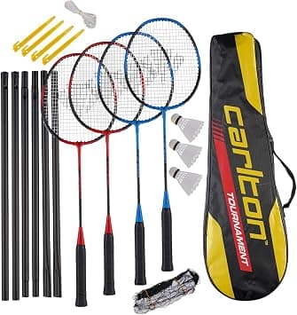 Carlton Tournament Badminton Racket Set, 4 Players (4 Rackets, 3 Balls, 1 Bag, Net & Posts), Black/Red, Black/Blue on Amazon.ae - Price Tracker