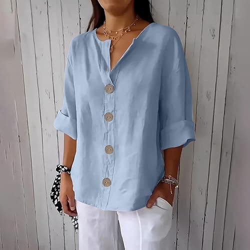 Linen Clothes for Seniors Button Down V Neck 3/4 Sleeve Shirts Casual Loose Fit Cotton Soft Summer Tunic Tops on Amazon.ae - Price Tracker