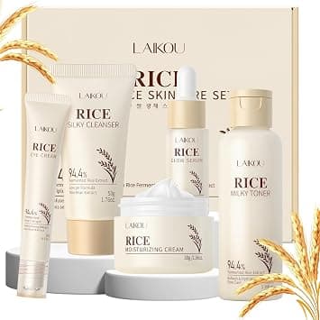 LAIKOU Rice Face Care, Pack of 5 Skin Care Women's Face Set, Travel Size Skincare with Facial Cleanser, Rice Toner, Eye Cream, Serum Moisturising Cream, for Daily Moisture & Care - Best Deal Finder