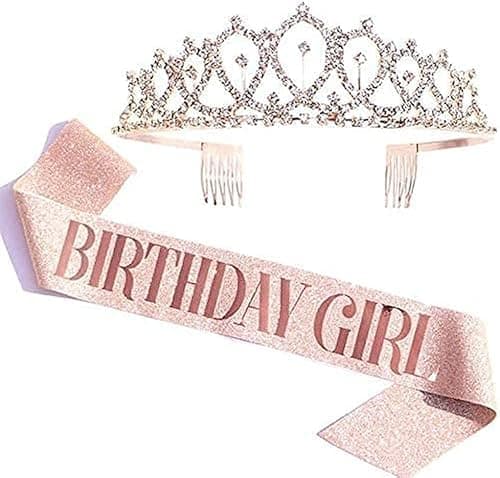 Tiara & Sash Set - 'Birthday Girl' Rose Gold - Glitter Sash & Rhinestone Tiara - One Size - Female - Plastic - Rose Gold on Amazon.ae - Price Tracker