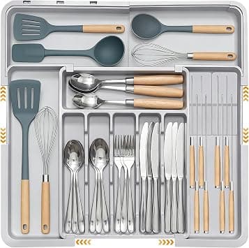 Large Silverware Organizer, Necomi Expandable BPA Free Kitchen Drawer Organizer Utensil Organizer with 2 Removable Knife Blocks, 22"x 19" Cutlery Tray for Kitchen Flatware (6-9 Slots) على Amazon.ae - متتبع الأسعار