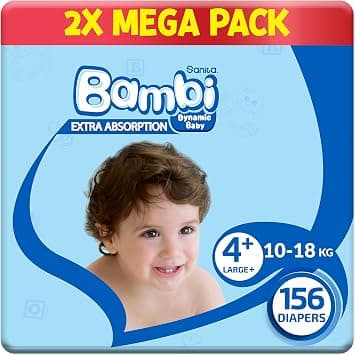 Sanita Bambi Baby Diapers, Size 4+, 10-18 kg, Skin-Friendly with Hypoallergenic Inner layer, Wetness Indicator, Leakage Protection & Comfort - Carton (78 x 2), 156 Count - Best Deal Finder