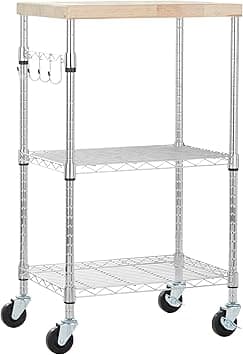 Amazon Basics Kitchen Storage Microwave Rack Cart on Caster Wheels with Adjustable Shelves, 79.3 kilograms Capacity, 38.1 x 53.3 x 93.2 cm, Wood/Chrome - متتبع أسعار Amazon.sa