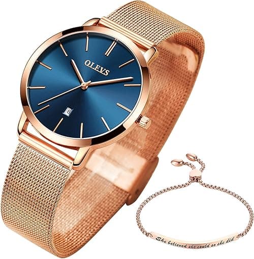 OLEVS Womens Watch Gifts Set with Bracelet Rose Gold for Lady Female Minimalist Simple Slim Thin Casual Dress Analog Quartz Wrist Watches Waterproof Two Tone on Amazon.ae - Price Tracker