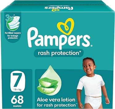 Pampers Rash Protection Taped Diapers, Size 7, 17+kg, +50% Aloe Vera Lotion for Rash Protection, 3x Fortified Layers for Leakage Protection, Giant Saving Box, 68 Count - Best Deal Finder
