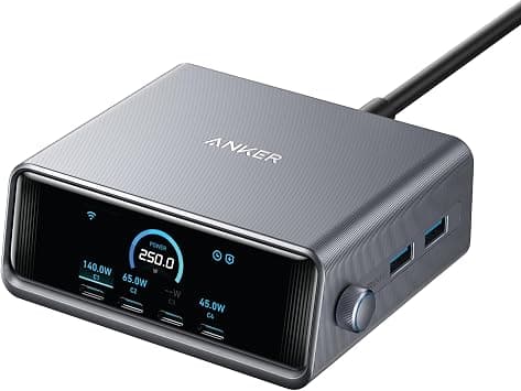 Anker Prime 250W USB C Charger, Ultra-Fast 6-Port GaN Charging Station, 2.26" LCD Display and Smart Control Dial, Compatible with MacBook Pro/Air, iPhone 17/16/15, Huawei, Samsung, iPad and More on Amazon.ae - Price Tracker