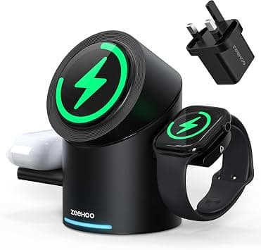 ZEEHOO 3 in 1 Wireless Charging Station Compatible with Magsafe Charger Stand, 15W Fast Charger Auto-Rotating Multiple for iPhone 16/15/14/13/12, AirPods, iWatch/Ultra (30W Adapter Included) - متتبع أسعار Amazon.sa