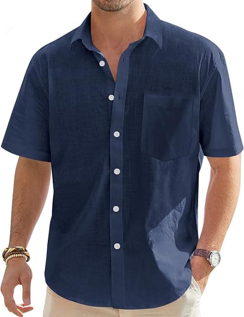 J.VER Men's Cotton Linen Short Sleeve Shirts Casual Lightweight Button Down Shirt Beach Summer Tops with Pocket on Amazon.ae - Price Tracker