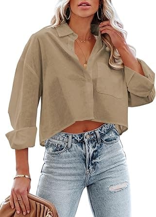 Tankaneo Womens Button Down Cropped Shirts Long Sleeve Casual Crop Tops Solid Lapel Blouse Shirt with Chest Pocket on Amazon.ae - Price Tracker