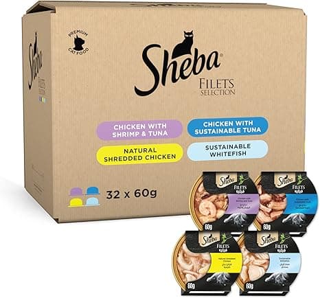 Sheba Cat Food Flavor Selection Filets, Domes Natural Shredded Chicken, Chicken with Shrimp &amp; Tuna, Sustainable Tuna, White Fish, Premium Wet Food, Pack of 2 x4 (4x60g) on Amazon.ae - Price Tracker