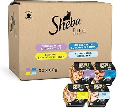 Sheba Cat Food Flavor Selection Filets, Domes Natural Shredded Chicken, Chicken with Shrimp & Tuna, Sustainable Tuna, White Fish, Premium Wet Food, Pack of 2 x4 (4x60g) - Amazon.ae Price Tracker