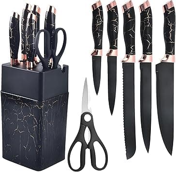 SHOPPING VIBES 7pc Stainless Steel Knife Set for Kitchen – Sharp Chef Knife, Scissors & Sharpener with Marble Handles & Knife Holder – Cutlery Set for Home & Professional Chefs! (Black) on Amazon.ae - Price Tracker