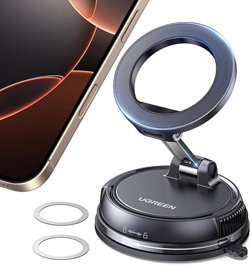 UGREEN Magsafe Car Phone Holder Strong Magnetic Mount with Metal Rings [360° Adjustable], [One-hand Auto Lock], [Removable Base], Compatible with iPhone 17/16/15/14 and Samsung S25/24/23, Black على Amazon.ae - متتبع الأسعار