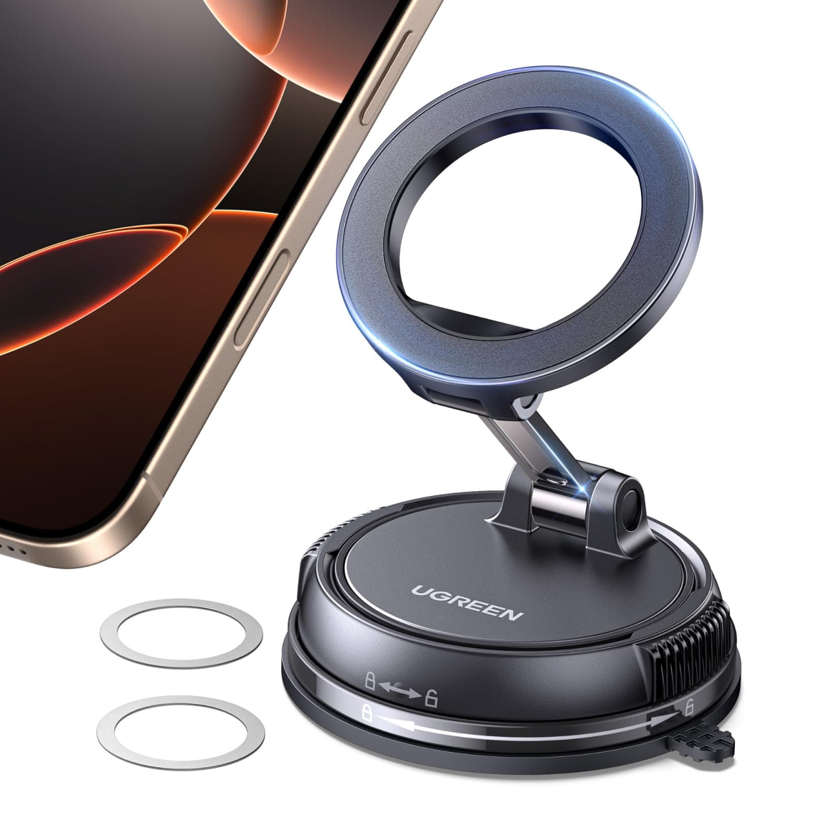 UGREEN Magsafe Car Phone Holder Strong Magnetic Mount with Metal Rings [360° Adjustable], [One-hand Auto Lock], [Removable Base], Compatible with iPhone 17/16/15/14 and Samsung S25/24/23, Black on Amazon.ae - Price Tracker