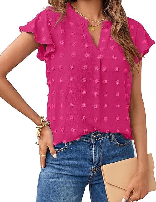 MEROKEETY Women 2023 Summer V Neck Ruffle Short Sleeve Blouse Swiss Dot Flowy Shirt Tunic Top on Amazon.ae - Price Tracker