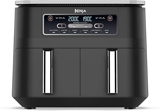 Ninja Foodi Dual Zone Digital Air Fryer, 2 Drawers, 7.6L, 6-in-1, Air Fry, Max Crisp, Roast, Bake, Dehydrate, Cooks 4-6 Portions, Non-Stick, Dishwasher Safe Baskets, Black, AF300ME, 2 Years Warranty on Amazon.ae - Price Tracker