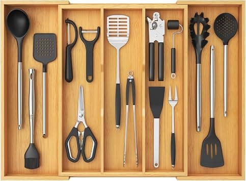 Lifewit Utensil Organizer for Kitchen Drawer, Expandable Cooking Utensil Tray, Bamboo Cutlery Silverware Flatware Holder, Adjustable Spatula Tools Gadget Storage Divider, 28 x18.5 x 2 inches, Natural على Amazon.ae - متتبع الأسعار