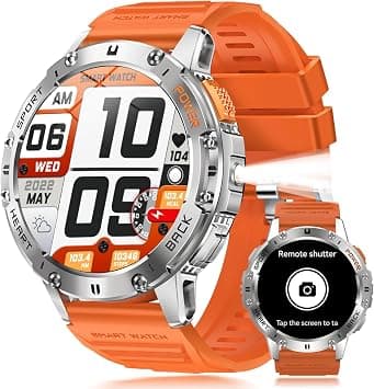 Military Smart Watch for Men, 1.43" AMOLED Screen Watch with 170+ Sport Modes, Answer/Make Calls, Heart Rate/SpO2/Sleep Monitor, Flashlight and 530mAh Battery, for iOS/Android (Orange) على Amazon.ae - متتبع الأسعار