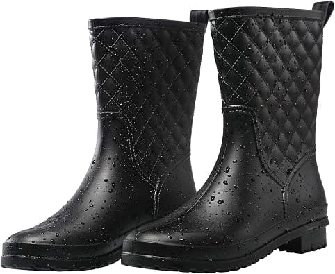 Petrass Women Rain Boots Black Waterproof Mid Calf Lightweight Cute Booties Fashion Out Work Comfortable Garden Shoes على Amazon.ae - متتبع الأسعار