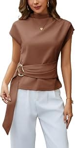 Yeokou Women Buckle Tie Top Stand Collar Belted Short Sleeve Elegant Summer Casual Blouse - Best Deal Finder