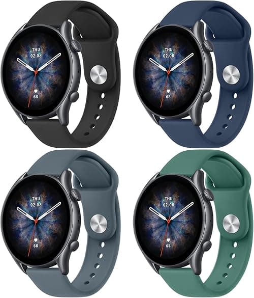 Amzpas Silicone Band for Amazfit GTR 3 Pro/ GTR 3/ GTR 2e/ GTR 2/ GTR 4/ Amazfit GTR 47mm Smart Watch, 22mm 4 Pack Soft Quick-Release Replacement Wristband with Simple Buckle, Sport Strap for Men on Amazon.ae - Price Tracker