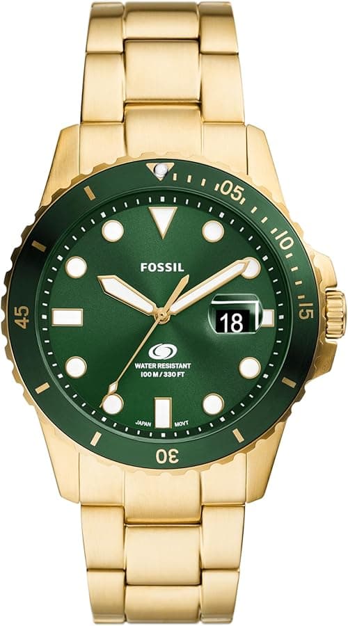 Fossil Men's Blue Quartz Stainless Steel Three-Hand Watch, Color: Gold/Green Taper (Model: FS6030) on Amazon.ae - Price Tracker