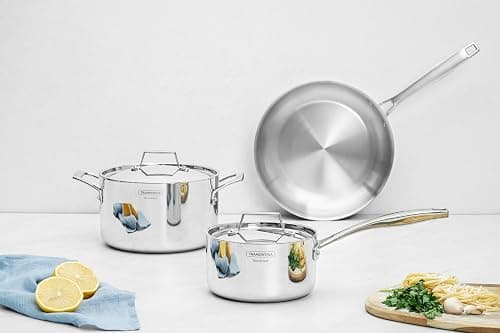 Tramontina Grano 5-Piece Stainless Steel Cookware Set | Tri-Ply Full Body (SS + Aluminum + SS) | Deep Casserole 20 cm, Fry Pan 26 cm, Saucepan 16 cm | All Cooktop & Oven Safe, Made In Brazil 65140136 على Amazon.ae - متتبع الأسعار