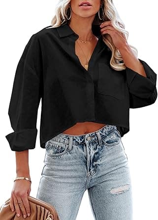 Tankaneo Womens Button Down Cropped Shirts Long Sleeve Casual Crop Tops Solid Lapel Blouse Shirt with Chest Pocket on Amazon.ae - Price Tracker