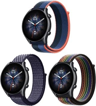 ZoRoll 3 Pack 22mm Nylon Strap for Amazfit Bip 5/Balance/Cheetah/Cheetah Pro/GTR 3 Pro/GTR 3/GTR 2nd/GTR 2, Soft Elastic Wristband for Amazfit GTR 47mm - Black&Rainbow+Blue+Purple على Amazon.ae - متتبع الأسعار