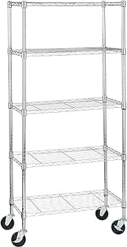 Amazon Basics 5-Shelf Adjustable, Heavy Duty Storage Shelving Unit on 10.16 cm Wheel Casters, Metal Organizer Wire Rack, Chrome, 91.4 x 35.5 x 164.4 cm - متتبع أسعار Amazon.sa
