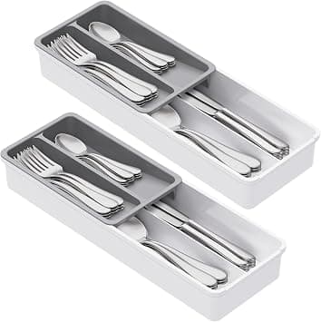 Lifewit Compact Silverware Organizer for Kitchen Drawer, Narrow Flatware Tray Holder, Plastic Cutlery Spoons, Forks and Knives Storage, White&Gray, 2 Pack on Amazon.ae - Price Tracker