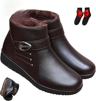 Women's Warm Soft-Sole Non-Slip Genuine Leather Boots, New Fleece Thickened Warm Snow Boots, Wide Fit Waterproof Leather Non Slip Boot,Mama Cotton Leather Shoes with Zipper على Amazon.ae - متتبع الأسعار