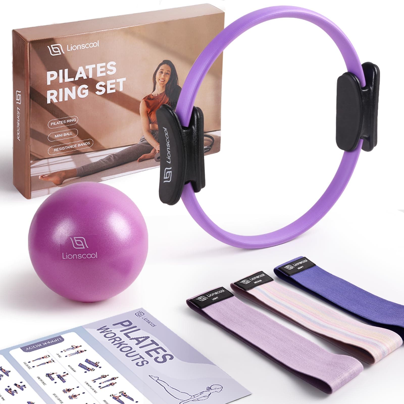 LIONSCOOL PILATES RING SET - Premium Anti-Deformation 14”Magic Circle with Dual Padded Handles - Includes Burst Resistant Pilates Mini Ball & Highly Elastic Resistance Bands - Free Workout Guide & Bag on Amazon.ae - Price Tracker