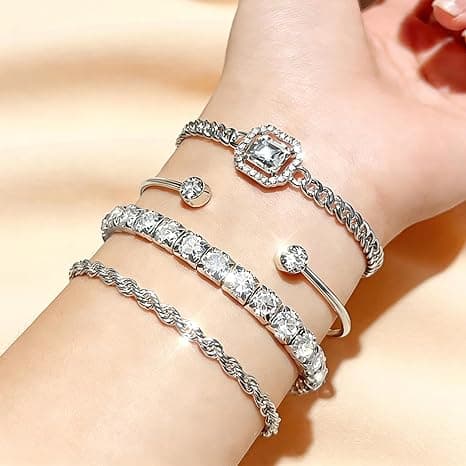 4 Pcs Silver Plated Stackable Bracelets Set for Women Cubic Zirconia Tennis Rope Chain Layering Bangle Adjustable Jewelry (Pack of 4) on Amazon.ae - Price Tracker