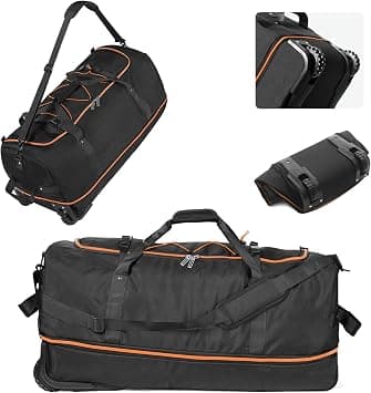 Vomgomfom Wheeled Collapsible Duffel Bag,110L-140L Expandable Checked Luggage, No-Telescopic-Handle with Anti-Burst Zipper & Reinforced Frame,Black-orange على Amazon.ae - متتبع الأسعار