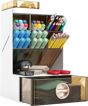 NALACAL Desk Organizer with Drawer - Plastic Desktop Pen Holder with 6 Compartments, Multifunctional Table Organizer for Office Supplies, School Accessories, and Art Pencil Storage Caddy on Amazon.ae - Price Tracker