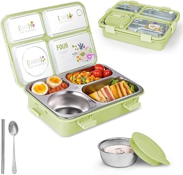 Stainless Steel Adult Lunch Box, 28.7 Oz 4-Compartment Metal Bento Box Kids Snack Containers With 5 Oz Soup/Condiment Cup, Food Storage Containers With Utensils, Ideal For School, Office & Travel على Amazon.ae - متتبع الأسعار