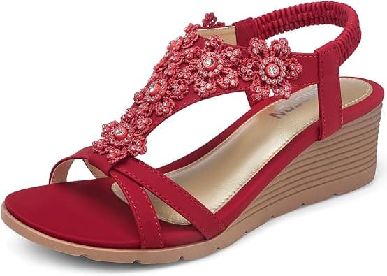 TEMOFON Womens Sandals Wedge Low: Summer Open Toe Wedges - Dressy Casual Elastic Ankle Strap Platform - Comfortable Rhinestone Flower Sandals على Amazon.ae - متتبع الأسعار