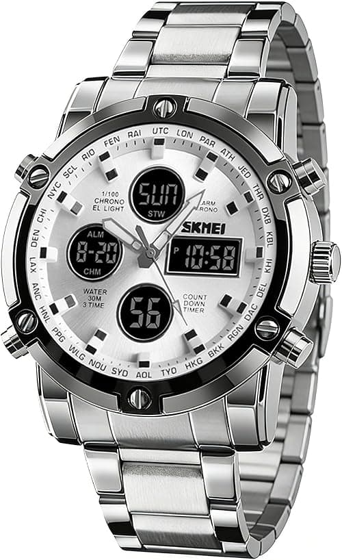 SKMEI Mens Wrist Watch, Waterproof Military Analog Digital Watches with LED Multi Time Chronograph, Stainless Steel Business Watches for Men on Amazon.ae - Price Tracker