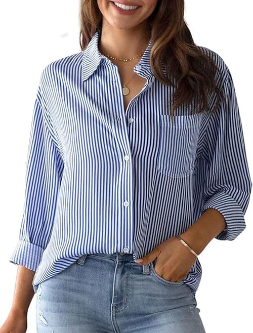 hathne Women's Button Down Striped Shirts Casual V-Neck Long Sleeve Stripes Business Blouses with Pocket on Amazon.ae - Price Tracker