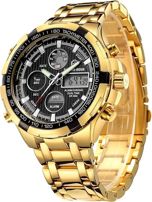 GOLDEN HOUR Luxury Stainless Steel Analog Digital Watches for Men Male Outdoor Sport Waterproof Big Heavy Wristwatch on Amazon.ae - Price Tracker